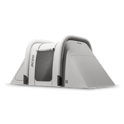 Vitt och grått studsmattetält för rektangulär studsmatta, med uppblåsbar ram och genomskinligt nät, designat för utomhusbruk.