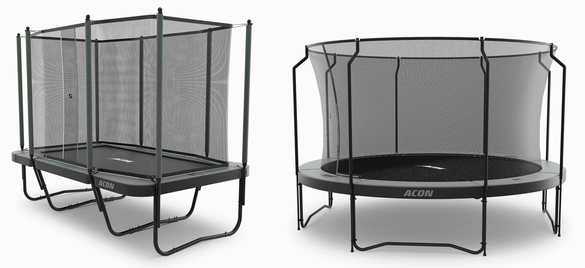 Acon 13 Sport HD and Round 14ft trampolines with safety net.